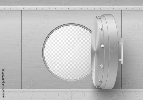 Open stainless door metallic bank vault on transparent background realistic vector illustration