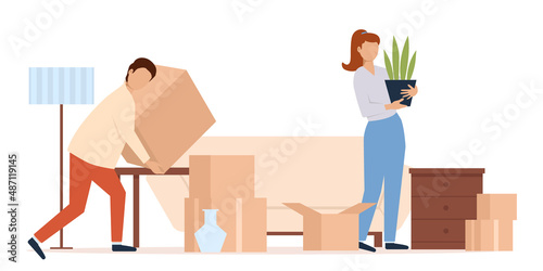 People moving into new house, family unpacking boxes. Cardboard Box with Various Things from House for Moving, Delivery Package Relocation.