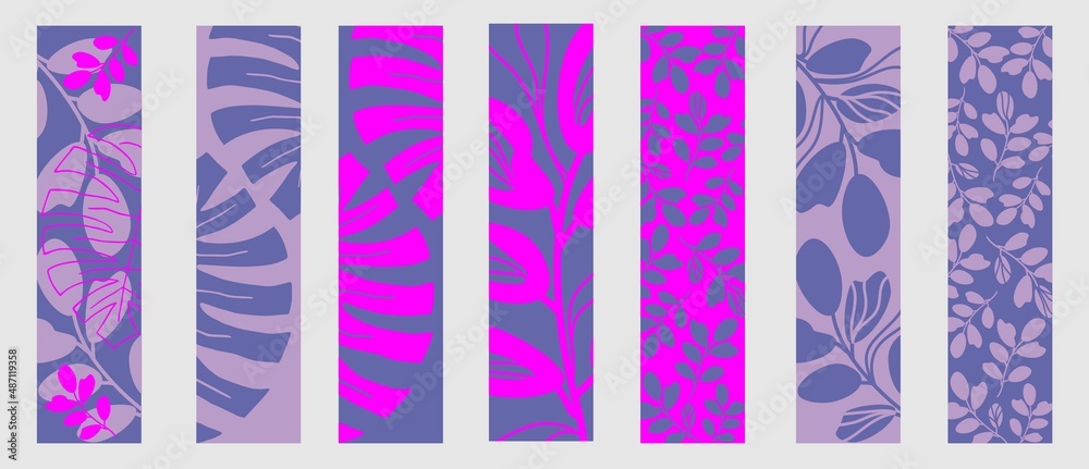 Set of vector bookmarks or banner. Abstract leaves, branches and tropical plants . Design in trendy colors 2022 Very Peri. Can be used background, poster, cover.
