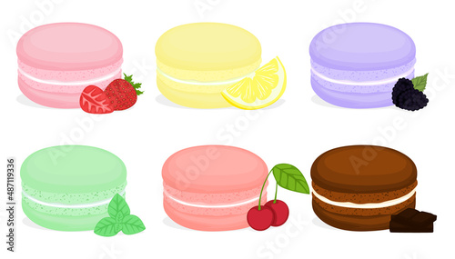 Colorful macaroons flavors. Macaroon cookies isolated on white background. Sweet and tasty vector template for cooking and restaurant menu.