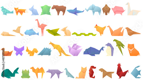 Origami animals icons set cartoon vector. Paper fish. Polygon geometric