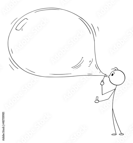 Person Blowing Big Soap Bubble, Vector Cartoon Stick Figure Illustration