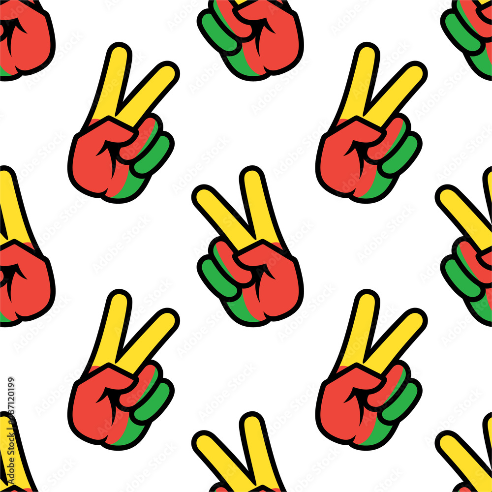 Fototapeta premium Benin flag in the form of a peace sign. Seamless background. Gesture V victory sign, patriotic sign, icon for apps, websites, T-shirts, souvenirs, etc., isolated on white background