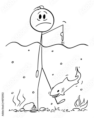 Fish or Shark Bites Swimmer in Leg , Vector Cartoon Stick Figure Illustration