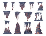 Stalagmite stones. Mountains natural rocks objects in cave exact vector collection set