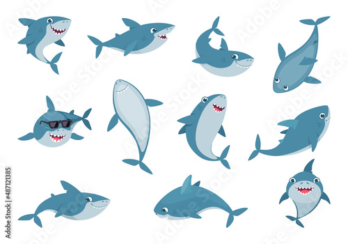 Ocean shark. Cute wild swimming smiling sharks with big white teeth exact vector cartoon illustrations set