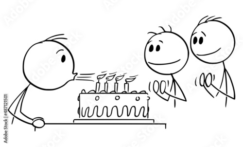 Person Blowing Out Candles on Birthday Cake , Vector Cartoon Stick Figure Illustration