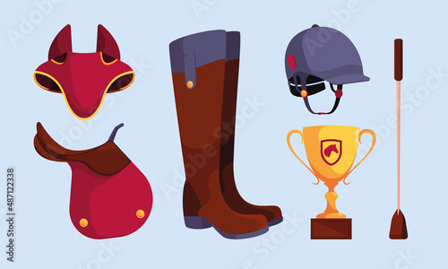 Equestrian equipment. Sport horse care riding boots belt helmet buckle tacks garish vector equestrian templates colored set in flat style