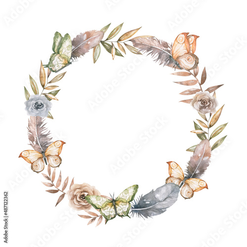 beautiful watercolor spring wreath with doves  butterflies  feathers and flowers in vintage style with love