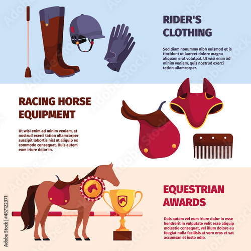 Equestrian banners. Tools for care sport equestrian horses garish vector horizontal templates for print design project with place for text
