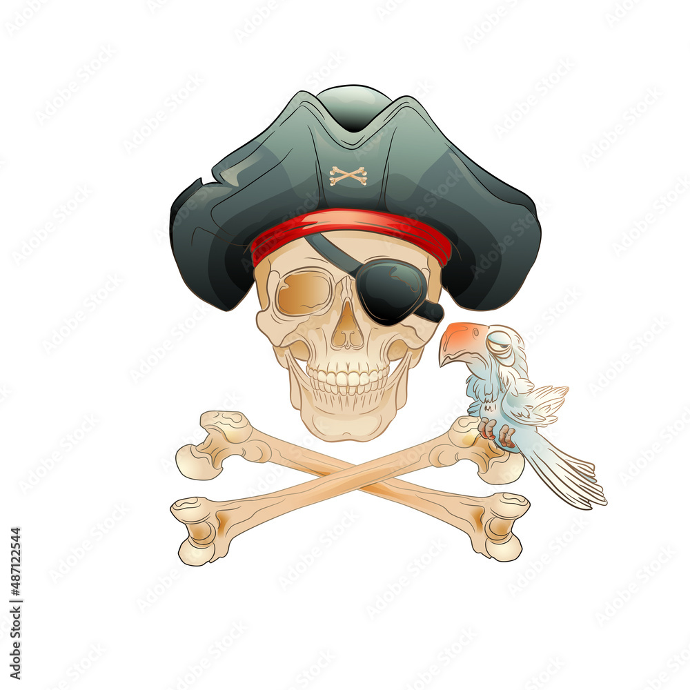 450_pirate skull, bones, parrot_skull in pirate hat, bones folded by cross and parrot, isolated objects on white background, colorful vector emblem