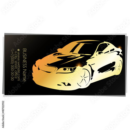 Golden car silhouette on black. Business card concept for car service and car sharing rental