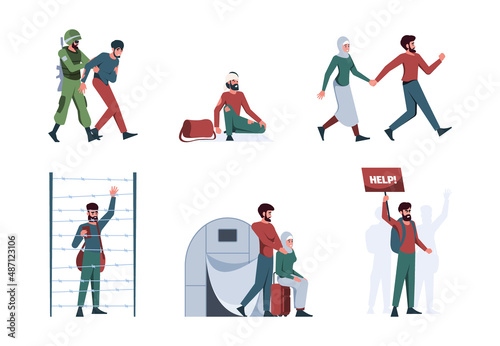 War refugee people. Immigrants explosive persons hunger homeless family crying characters garish vector flat colored illustrations