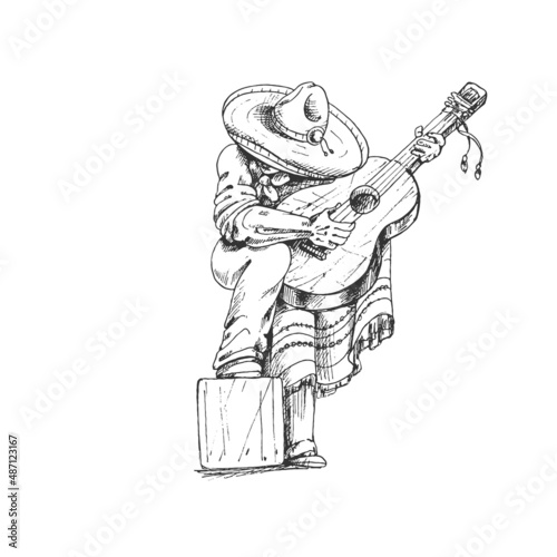 447_man with guitar, Mexican_Mexican man with guitar in sombrero and poncho, graphic illustration in black on white background