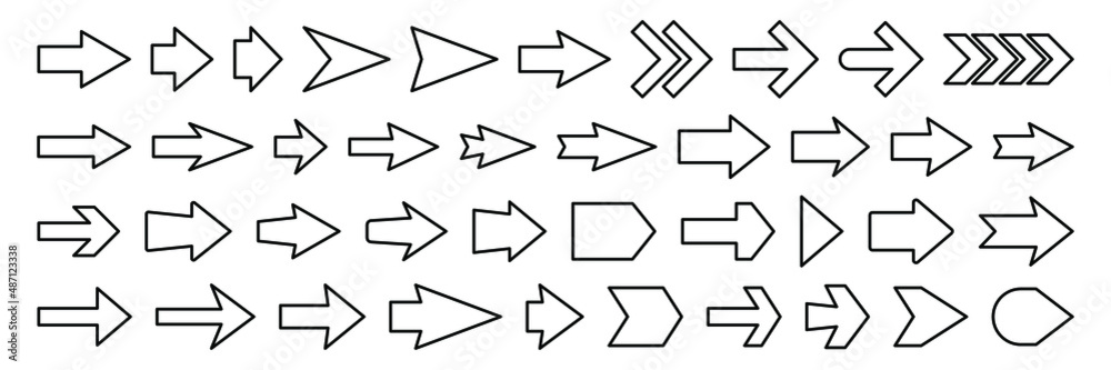 Set of new style black vector arrows isolated on white. Arrow vector line icon. Arrows vector illustration collection