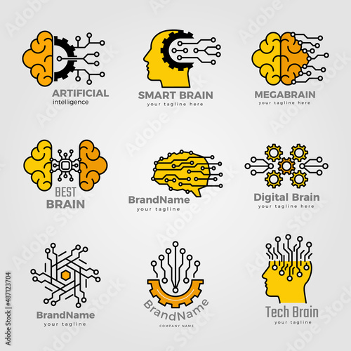 Intelligence logo. Brain and smart technologies symbols structural artificial digits dots computer network vsualization recent vector business identity
