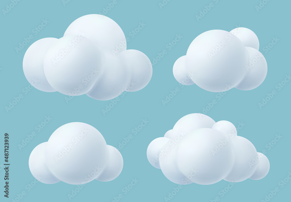 Obraz premium Cloud plastic. Realistic soft trendy silver clouds outdoor 3d render atmosphere rounded items decent vector templates collection