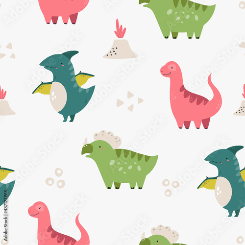 Vector seamless pattern with cute dinosaurs and volcanos.