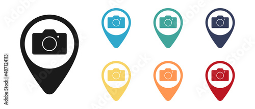 Camera, photo concept. Set of vector icons. Mark on the map. Illustration