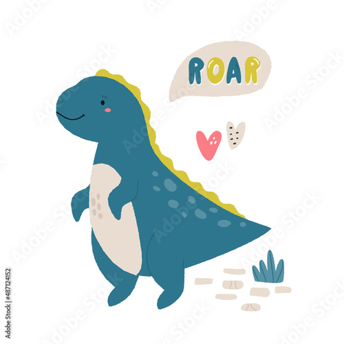 Colorful illustration of a funny trex dino saying roar