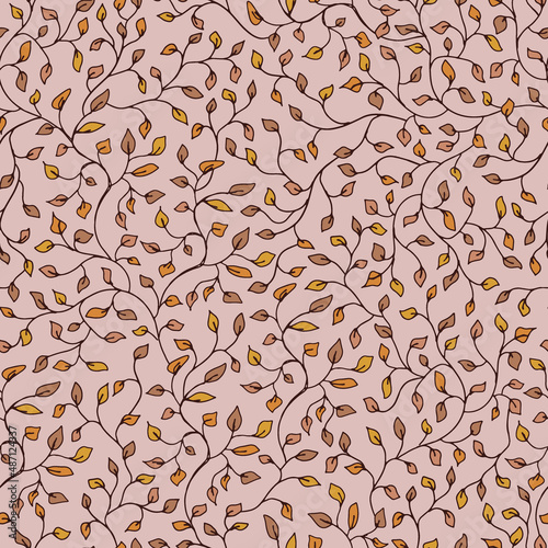 Magical ivy plant vector seamless pattern. Faded autumn colours small leaves on branches background. Decorative fall climber print.