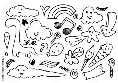hand drawn kawai doodle cartoon designs for wallpaper, stickers, coloring books, pins, emblems Isolated on white background. Vector illustration.