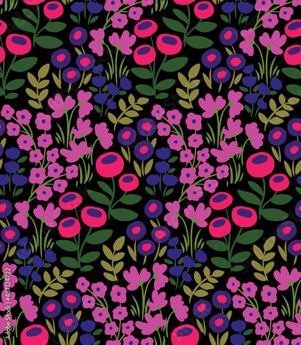 Seamless pattern with bright flowering meadow. Liberty composition of various small flowers, hand drawn leaves, herbs. Dark floral background, modern botanical print. Design for print. Vector.