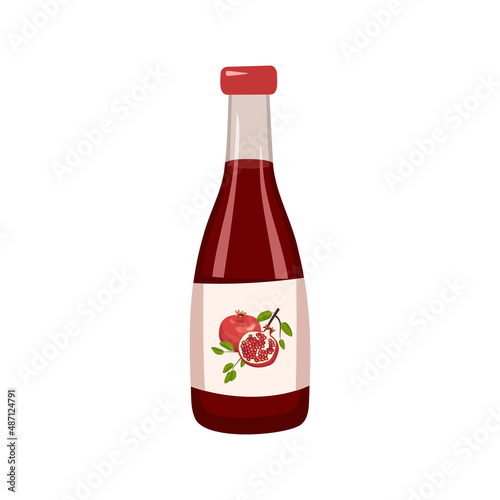 Bottle with red pomegranate juice, whole fruit with leaves. Delicious healthy drink and product. Food vector flat illustration