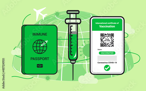COVID-19 vaccination status certificate concept vector illustration. Immune passport and Digital vaccine record on World sphere background.
