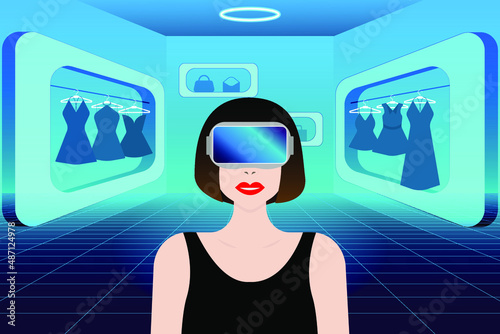 Metaverse virtual reality shop. Young woman wearing VR goggles while shopping clothes in the metaverse illustration concept.