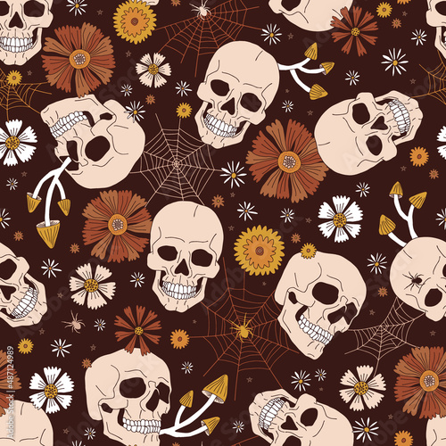 Boho Halloween Scull Mushroom Floral Cobweb vector seamless pattern. Retro skeleton dead head flower background. Boho vintage Halloween dark surface design.