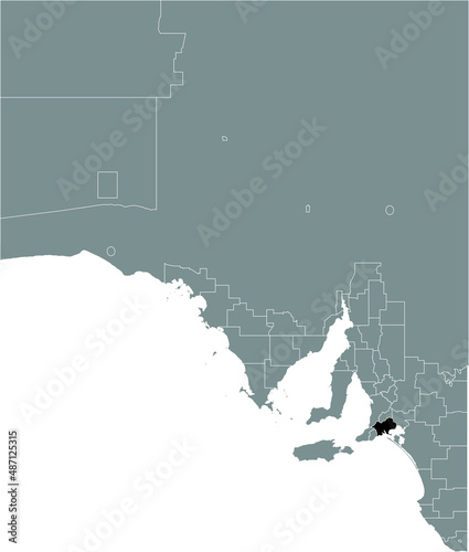 Black flat blank highlighted location map of the ALEXANDRINA COUNCIL AREA inside gray administrative map of areas of the Australian state of South Australia