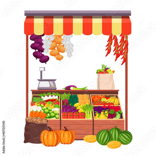Fruit market or farmer stand stall and food booth