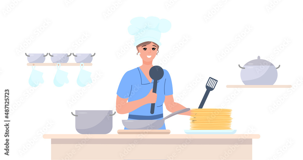 Young smiling woman making pancakes. Cute female characters love cooking at home. Culinary at home concept. Young smiling woman making pancakes. Cute female characters love cooking at home. Culinary at home concept.