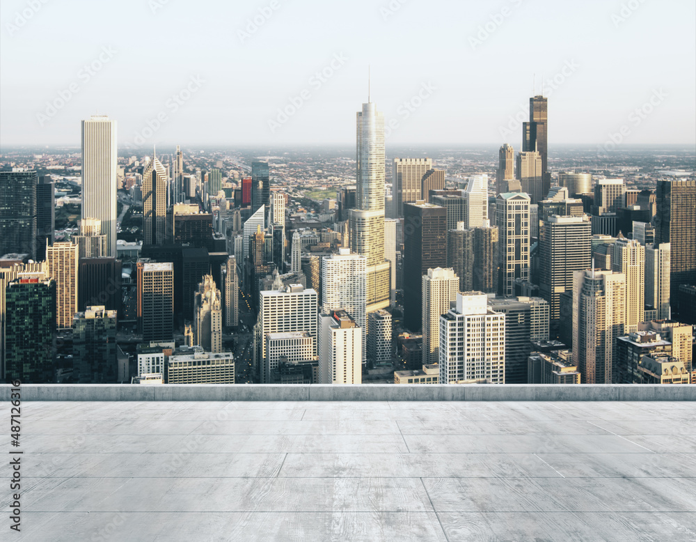 Empty concrete dirty rooftop on the background of a beautiful Chicago city skyline at morning, mock up Empty concrete dirty rooftop on the background of a beautiful Chicago city skyline at morning, mock up