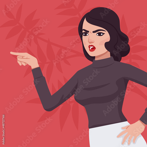 Woman feeling bad, intense anger, blame talk fury lady portrait. Smart emotional modern female social media profile picture. Vector flat style creative illustration, red plant background