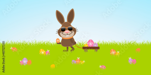 Osterhase Sonnenbrille Handwagen Wiese Ostereier
