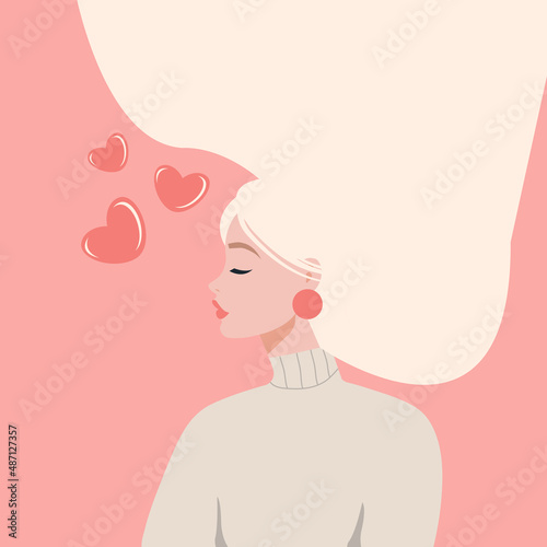 I love you greeting card. Love yourself. Self care woman with big pink heart. Cartoon flat character holding love sign.