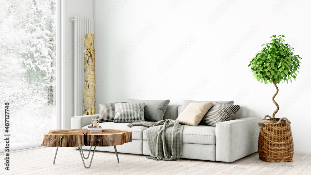 Fototapeta premium Modern stylish interior of the living room, a room with a wooden floor and a large window. 3D rendering