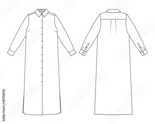 Fashion technical drawing of long sleeves shirt-dress with collar
