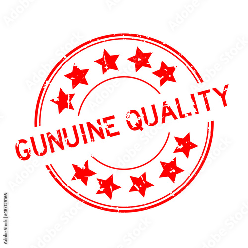 Grunge red genuine quality word with star icon round rubber seal stamp on white background