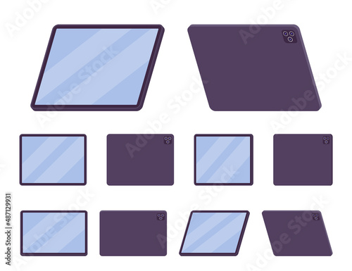 Tablet computer, silver black horizontal mobile computing device. Office, home gadget without power button. Vector flat style cartoon illustration isolated, white background, different views, position