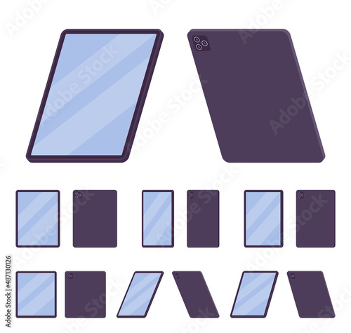 Tablet computer, silver black vertical mobile computing device. Office, home gadget without power button. Vector flat style cartoon illustration isolated, white background, different views, positions