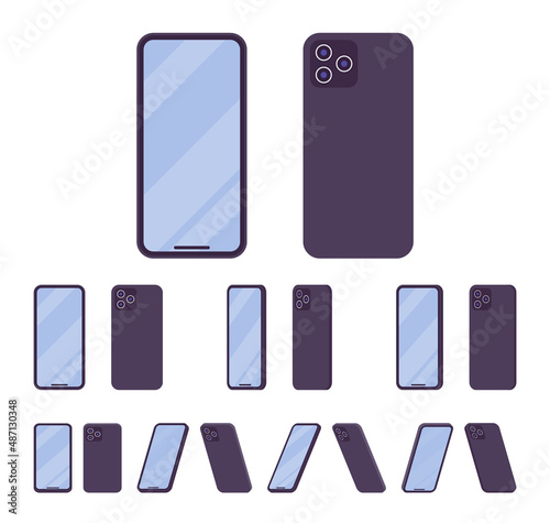 Smartphone, unlocked cellphone, mobile phone without power button. Vertical black metallic device. Vector flat style cartoon illustration isolated, white background, different views and positions