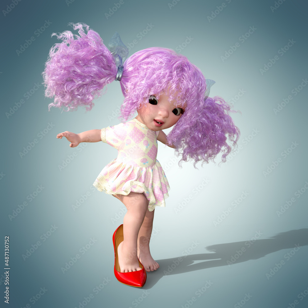 A little girl puts on her mother's shoes. A conceptual representation of the process of growing up. 3D render A little girl puts on her mother's shoes. A conceptual representation of the process of growing up. 3D render