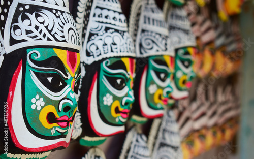 Chhau (or Chhou) mask of Kathakali displayed in a handicraft fair at West Bengal. Dancer uses this mask while performing at traditional tribal Chhou dance festival in India. Selective focus used. photo