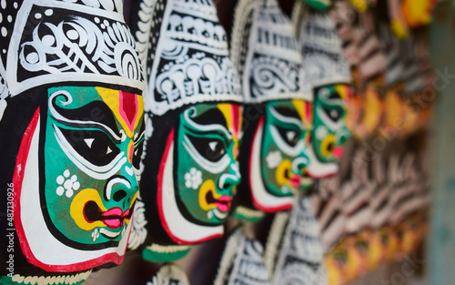Chhau (or Chhou) mask of Kathakali displayed in a handicraft fair at West Bengal. Dancer uses this mask while performing at traditional tribal Chhou dance festival in India. Selective focus used.