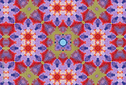 Illustration of mosaic images, an abstract pattern kaleidoscope. The finishes of the floors of mosaic materials, decorative fantasy, colorful mosaic texture on black background with gold splashes.