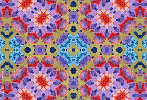 Illustration of mosaic images, an abstract pattern kaleidoscope. The finishes of the floors of mosaic materials, decorative fantasy, colorful mosaic texture on black background with gold splashes.