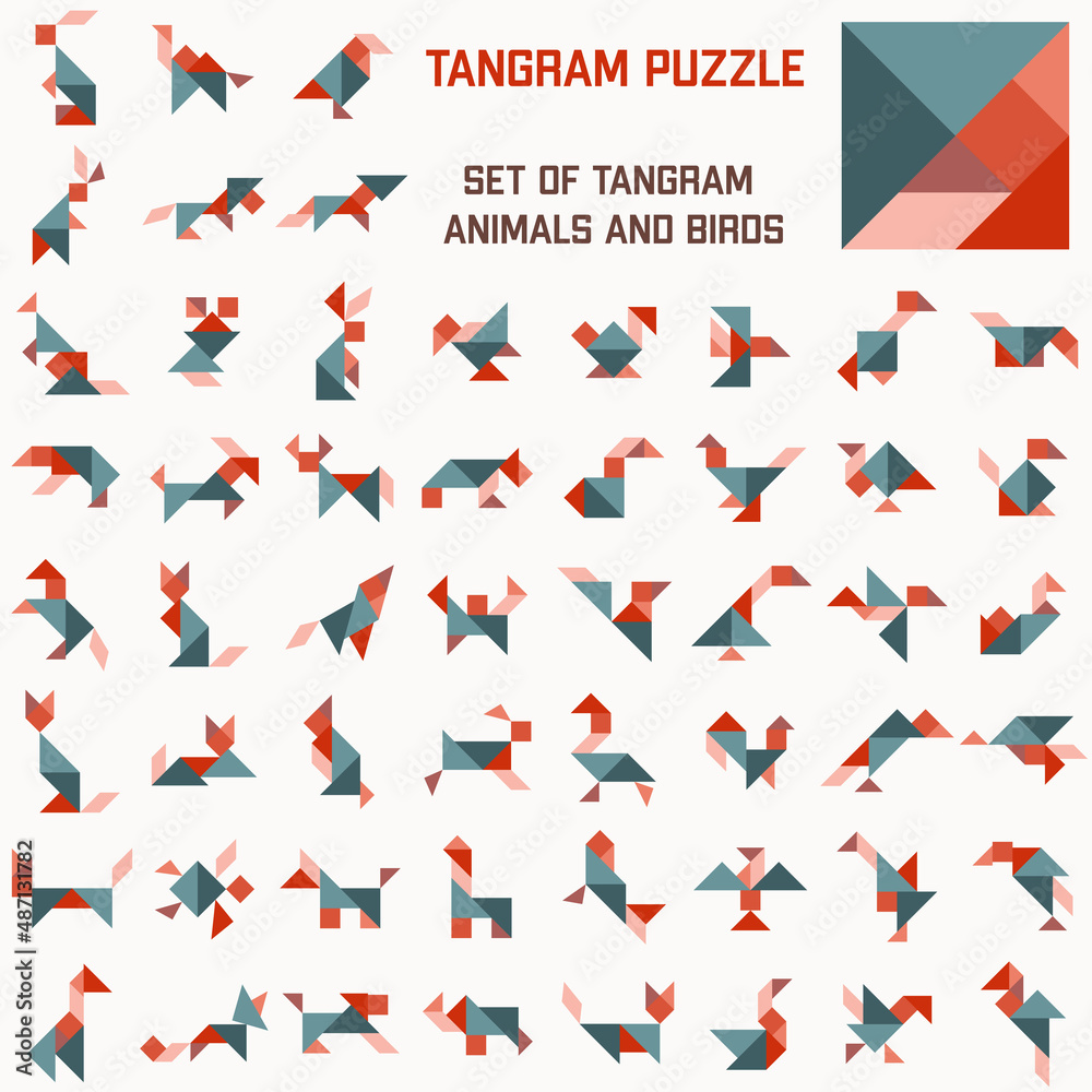 Tangram puzzle. Set of tangram animals and birds 